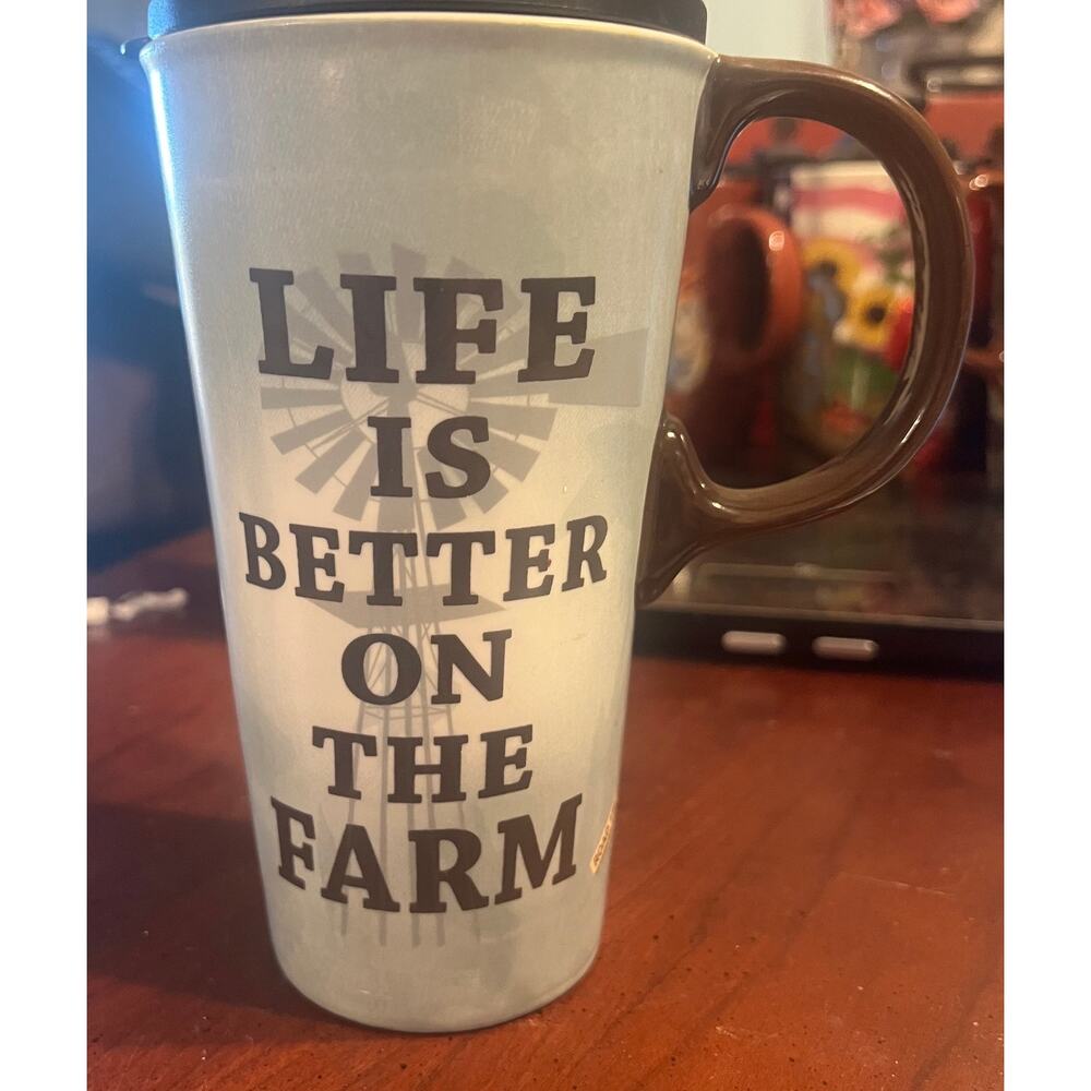 "Life is Better on The Farm" Grey Blue and Brown Tall Coffee Cup Cypress Home